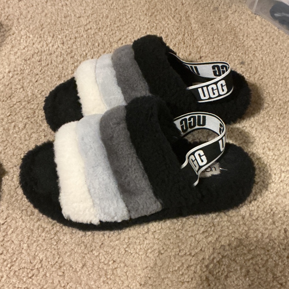 UGG Fluff Yeah Slippers - Black, Gray, and White, GUC, sz 9